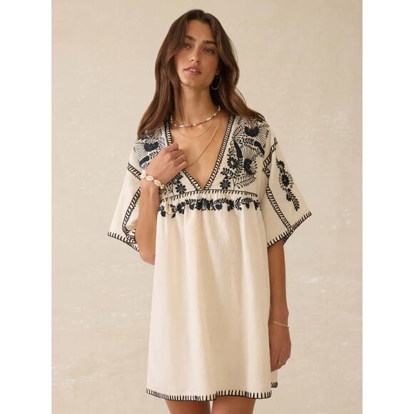 Faherty Sunday Linen Natural Cream Black Embroidered Beach Mini Dress Small NWT - Picture 1 of 11
